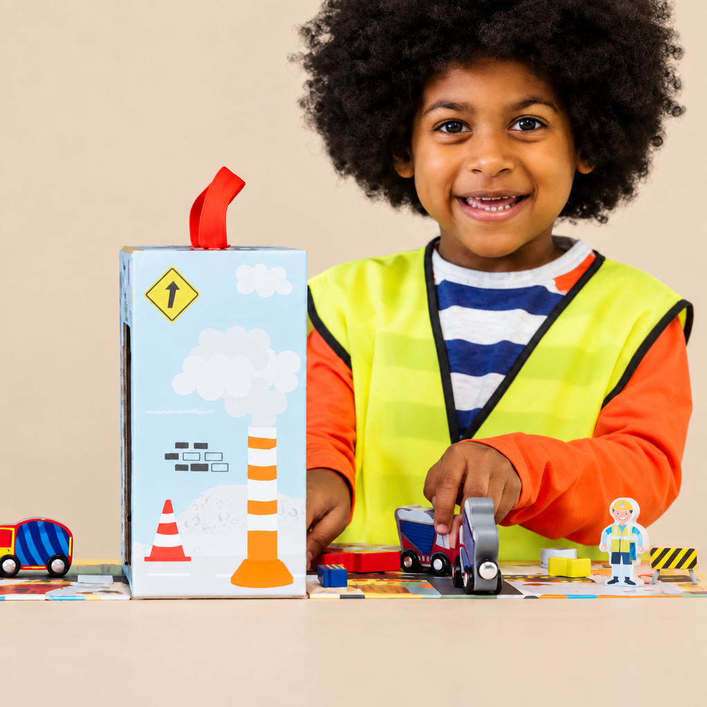 PORTABLE PLAYBOX | ‘CONSTRUCTION’ WITH 15 WOODEN PIECES | — BY FLOSS & ROCK®