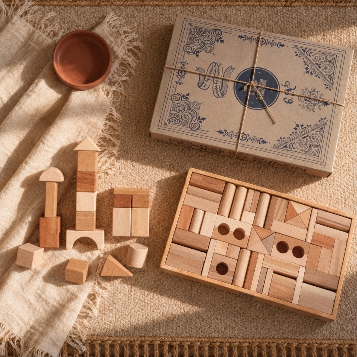 WOODEN BLOCKS IN TRAY | NATURAL | 54 PIECES | — BY WOODEN STORY®