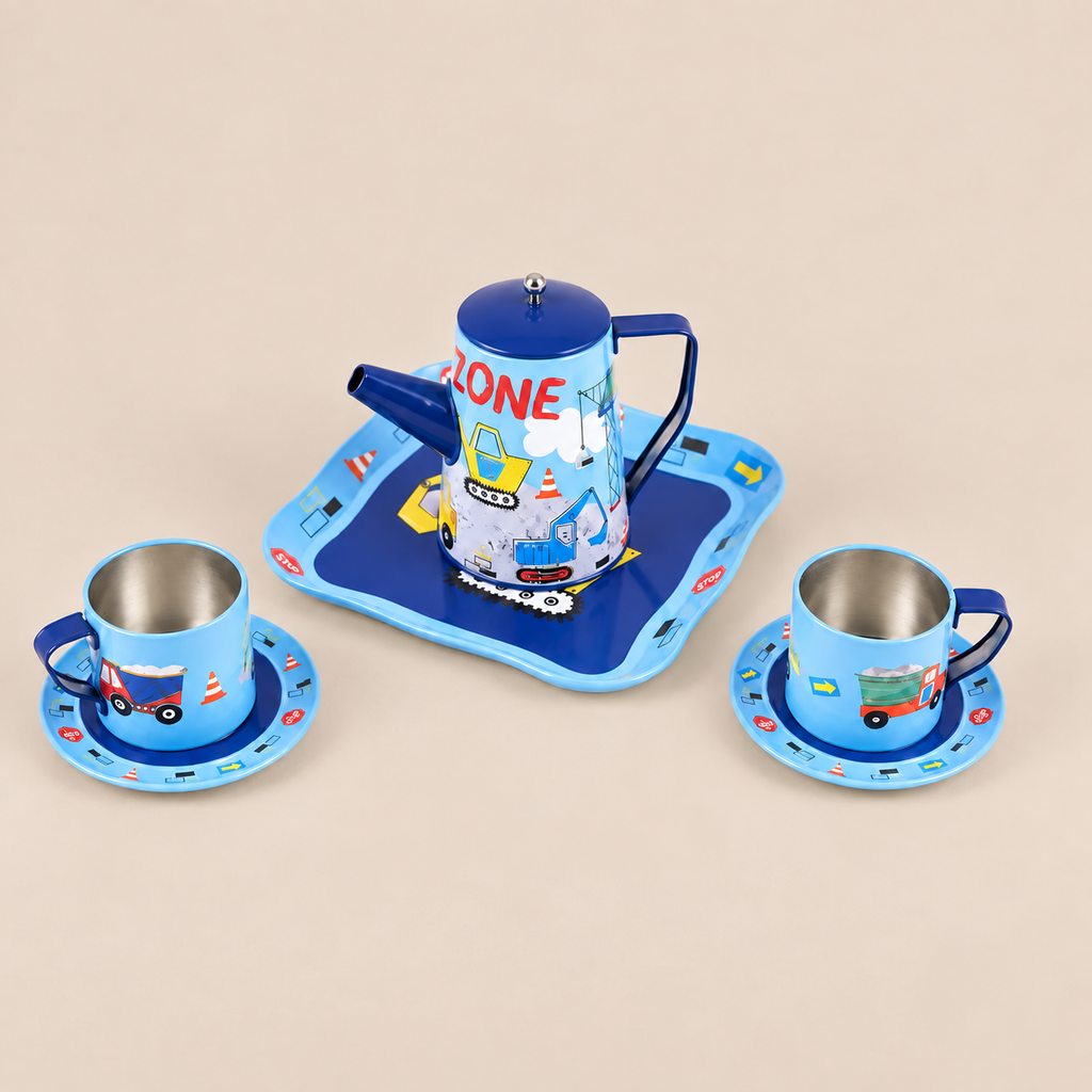 TIN TEA SET | ‘CONSTRUCTION’ 7-PIECE PRETEND PLAY SET | — BY FLOSS & ROCK®