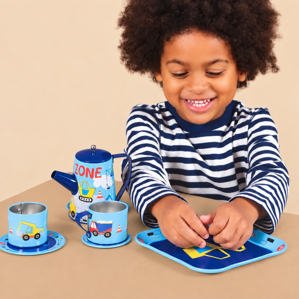TIN TEA SET | ‘CONSTRUCTION’ 7-PIECE PRETEND PLAY SET | — BY FLOSS & ROCK®