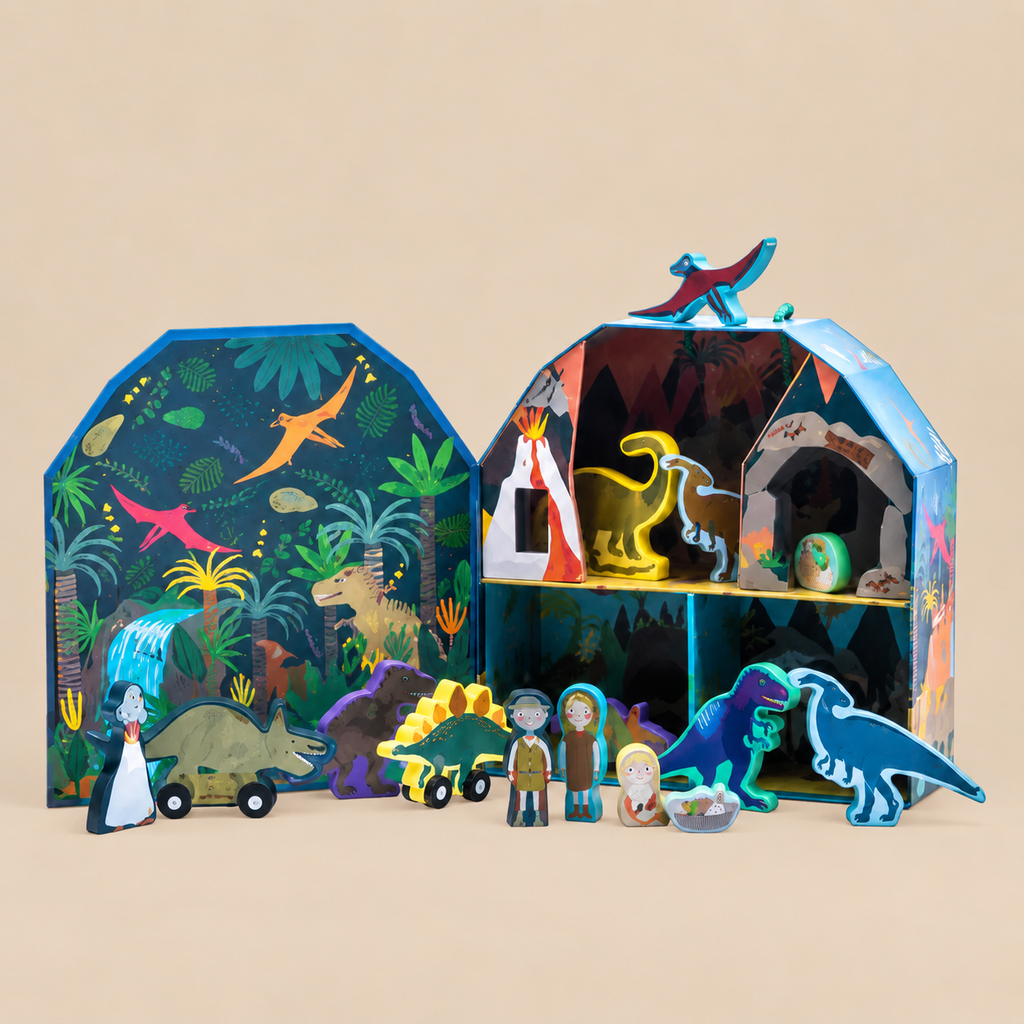 PORTABLE PLAYBOX | ‘DINOSAUR’ WITH 18 WOODEN PIECES |  — BY FLOSS & ROCK®