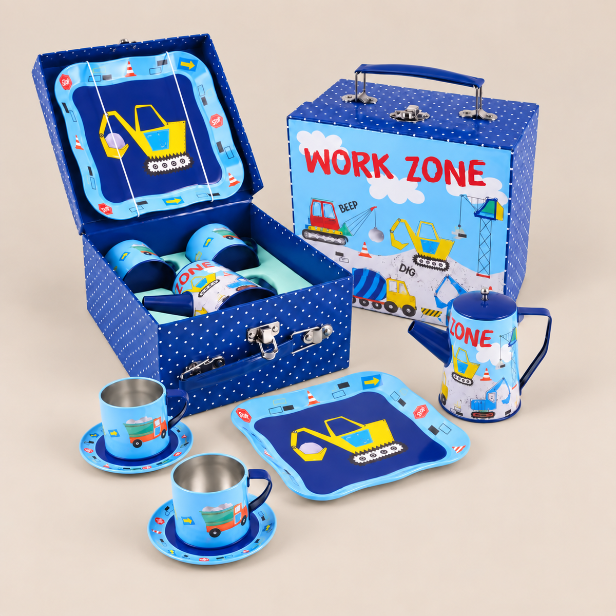 TIN TEA SET | ‘CONSTRUCTION’ 7-PIECE PRETEND PLAY SET | — BY FLOSS & ROCK®
