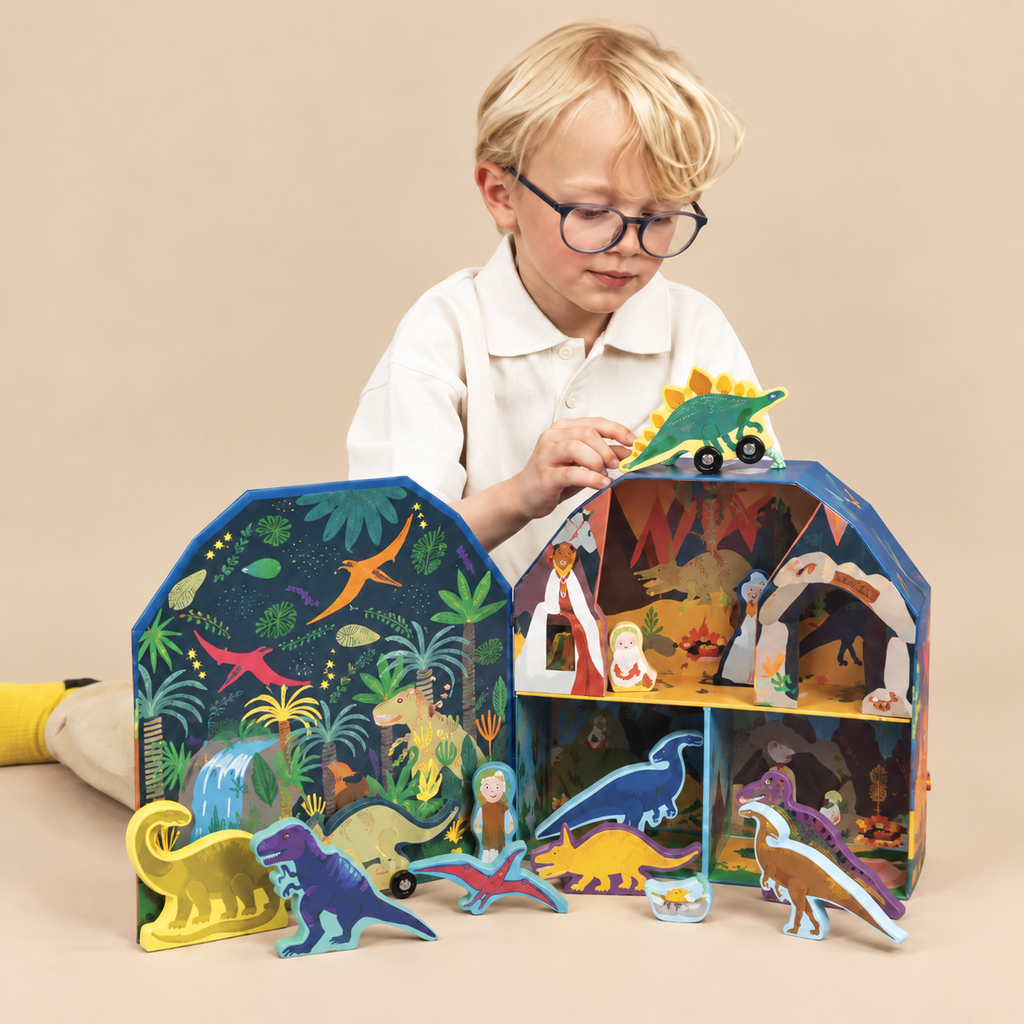 PORTABLE PLAYBOX | ‘DINOSAUR’ WITH 18 WOODEN PIECES |  — BY FLOSS & ROCK®