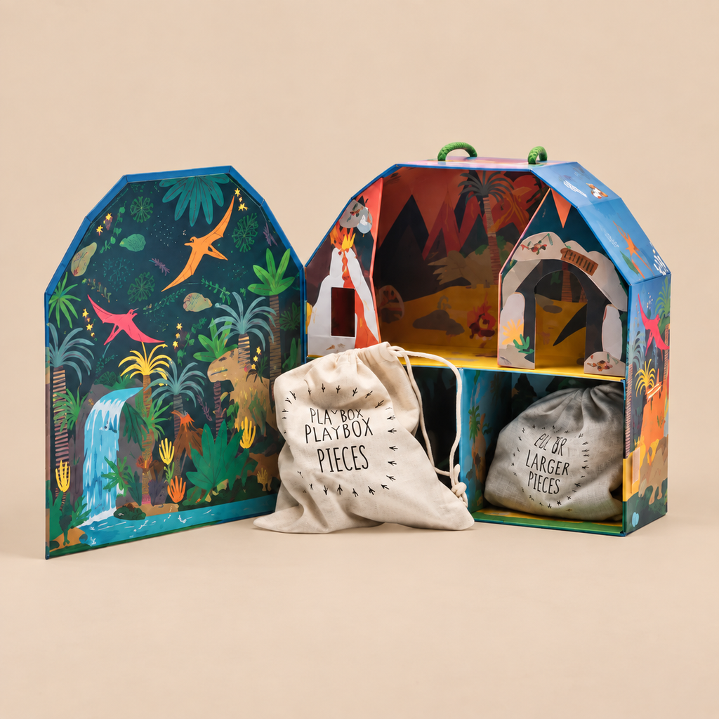 PORTABLE PLAYBOX | ‘DINOSAUR’ WITH 18 WOODEN PIECES |  — BY FLOSS & ROCK®