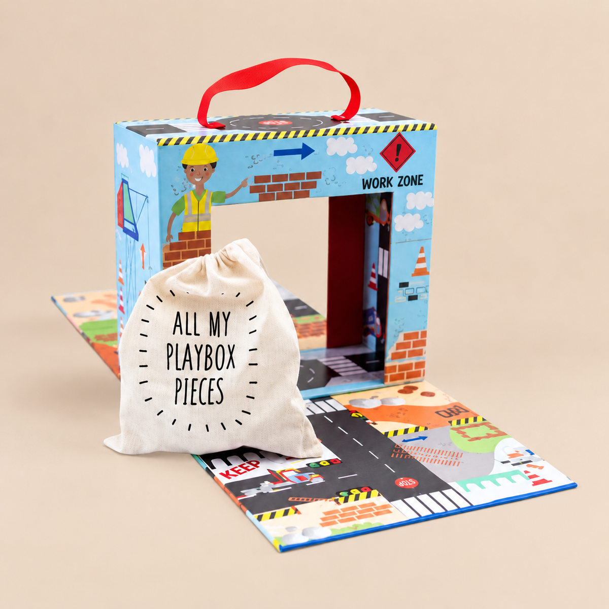 PORTABLE PLAYBOX | ‘CONSTRUCTION’ WITH 15 WOODEN PIECES | — BY FLOSS & ROCK®
