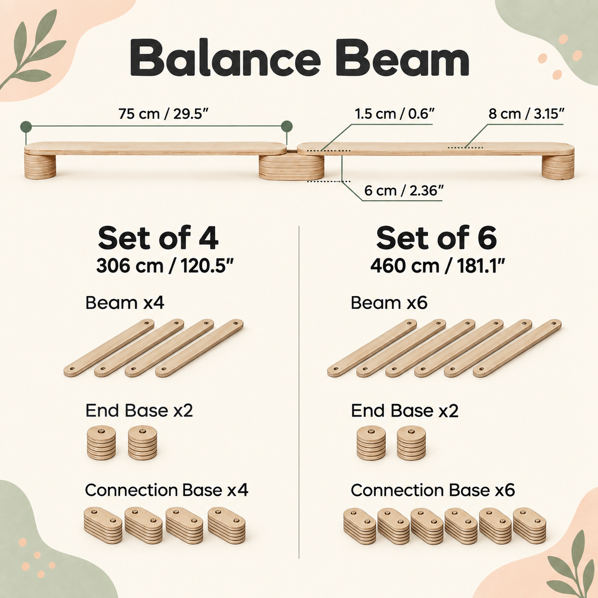 WOODEN BALANCE BEAM | 4- OR 6-BEAM SET | — BY LEG&GO®