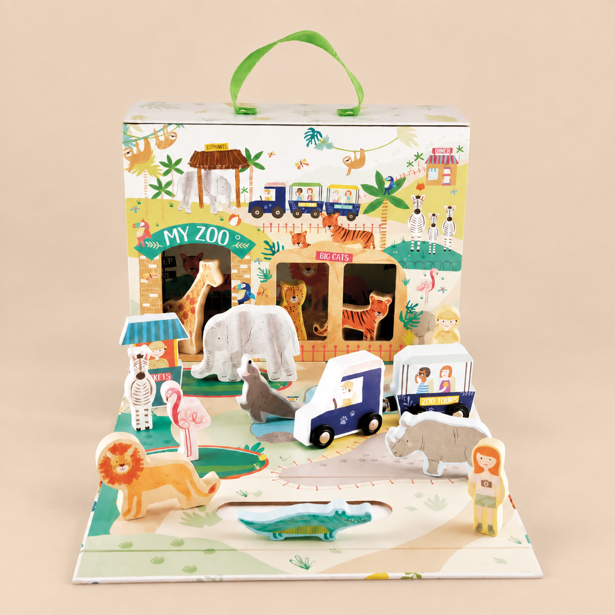 PORTABLE PLAYBOX | ‘JUNGLE & ZOO’ WITH 15 WOODEN PIECES | — BY FLOSS & ROCK®