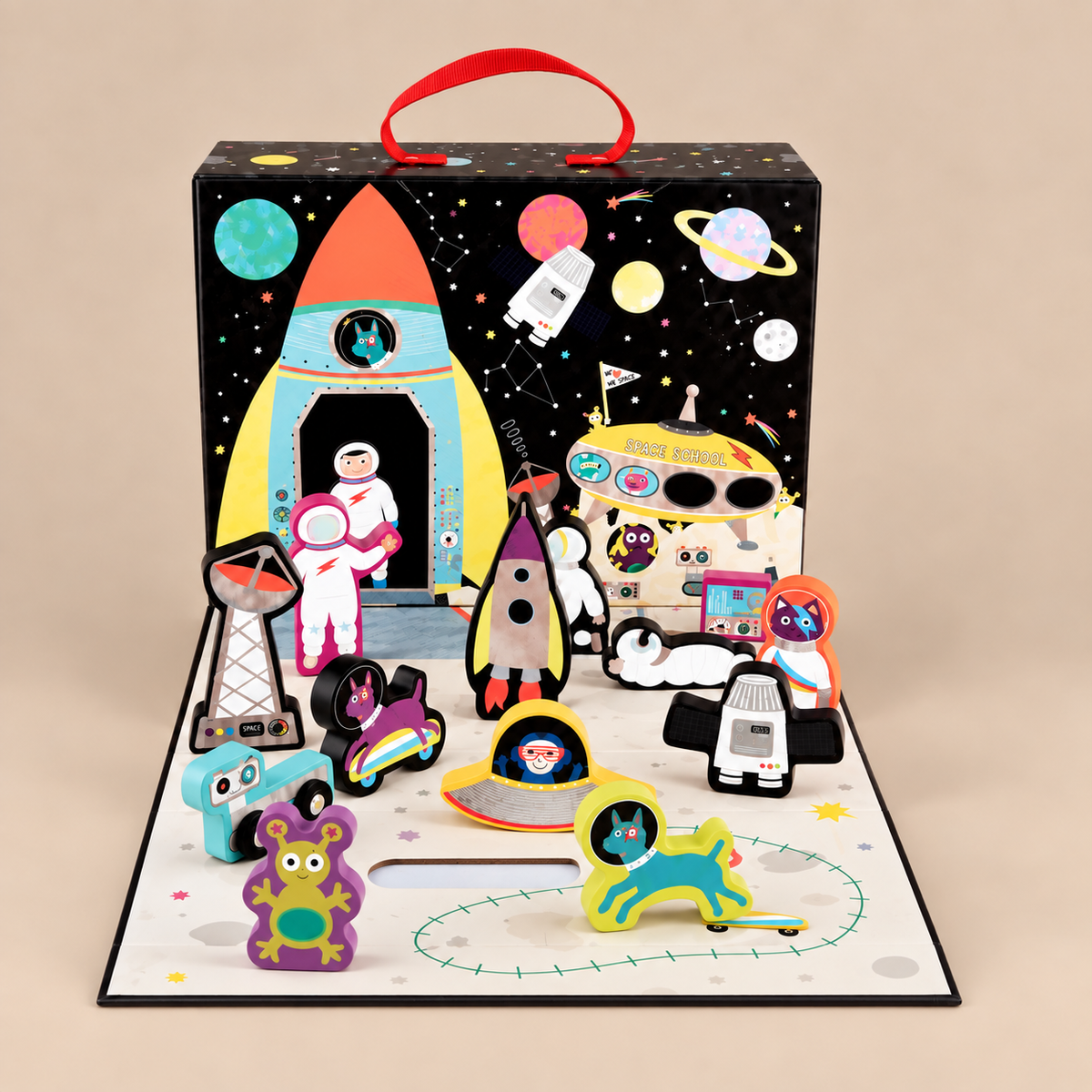 PORTABLE PLAYBOX | ‘SPACE’  WITH 15 WOODEN PIECES | — BY FLOSS & ROCK®